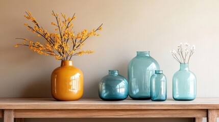Poster - Still life arrangement of colorful glass vases and floral elements on a wooden surface against a neutral backdrop. Decorative display. Home decor concept