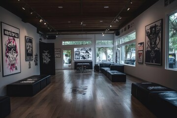Poster - Interior view of an art gallery with black and white artwork exhibitions featuring diverse imagery illuminated by artificial lighting and natural light, with visible wooden floor
