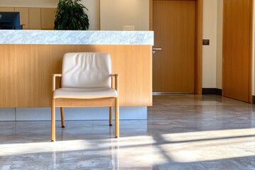 Aufkleber - Empty cream colored chair in front of a counter with marble and wooden textures. The backdrop shows a door and a patterned floor bathed in soft natural light