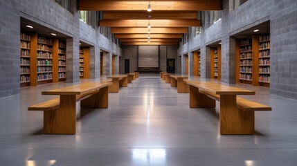 Aufkleber - Library interior featuring rows of wooden tables bookshelves and concrete walls. Soft lighting illuminates the room creating a sense of serenity
