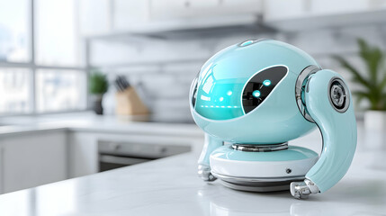 A light blue robot sits on a kitchen counter. generative ai