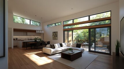 Aufkleber - Spacious living room interior with natural light hardwood floors and modern furniture overlooking lush greenery through large windows