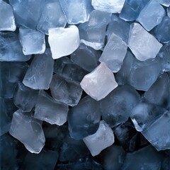 Poster - Close-up shot of a pile of ice cubes with a gradient blue and white color scheme. The image highlights the texture and transparency of the ice