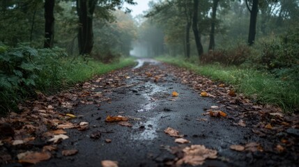 Aufkleber - A winding road through a misty forest path. Brown autumn leaves on the wet asphalt. Green vegetation and trees create a moody atmosphere