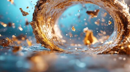 Leinwandbilder - Abstract gold liquid swirling through a tunnel with floating particles on a shiny reflective surface against a blue backdrop