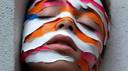 Poster - Portrait of a person's face with closed eyes adorned by colorful strips of paper or tape creating an abstract mask effect. The background is a simple, textured gray surface