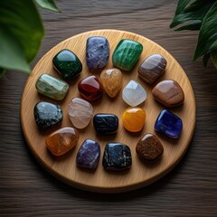 Poster - Collection of polished gemstones arranged on a wooden coaster in a warm light setting with blurred green foliage in background