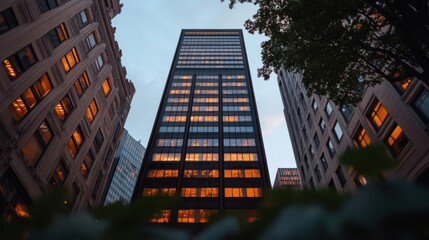 Poster - Tall skyscraper at dusk framed by surrounding buildings with illuminated windows capturing a city ambiance and twilight atmosphere
