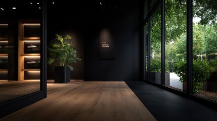 Poster - Interior View of a Modern Building with Large Windows Overlooking Lush Greenery and a Small Plant in a Square Pot. The Room is Dark with a Simple Display