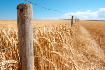 Leinwandbilder - Wheat field with wooden fence posts and barbed wire under a clear blue sky with golden sunlight in agricultural landscape