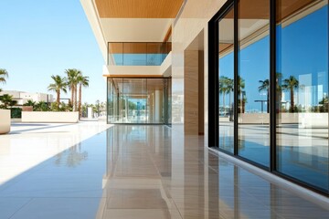 Poster - Modern architecture exterior featuring reflective surfaces palm trees and bright blue sky creating an airy and sophisticated ambiance