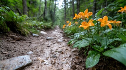 Aufkleber - Close up view of an orange flower cluster near a wet trail. The path leads into a dense green forest