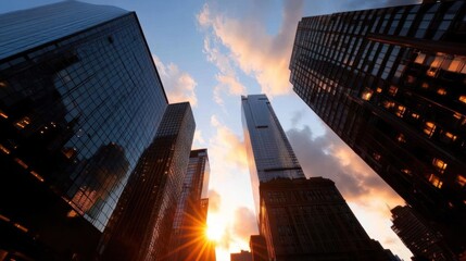 Poster - Skyscrapers against a sunset sky showing a city skyline view with glass facades and sunlight creating a dramatic scene