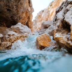 Poster - Water splashing on rocks in narrow canyon sunlight reflecting off the water and rock creating bright highlights