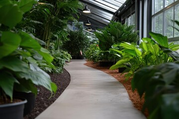 Aufkleber - Pathway through a lush indoor garden with vibrant green foliage potted plants natural light and architectural details
