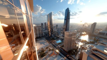 Poster - Pixelated cityscape with modern skyscrapers bathed in golden sunlight with blue skies and distant clouds. Architectural landscape featuring a bridge and green areas. A sense of urban planning and