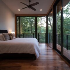 Aufkleber - Bedroom with large windows overlooking lush green forest featuring bed with white comforter hardwood floors ceiling fan and soft lighting