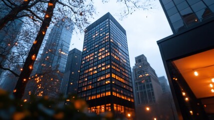 Poster - Tall office buildings illuminated at dusk with warm lights creating a vibrant cityscape. Overcast sky adds a moody atmosphere. Focus on the architectural details and light play