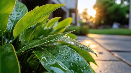 Poster - Close up of wet vibrant green leaves with water droplets reflecting sunlight in a garden setting