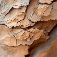 Aufkleber - Close up view of textured rough tree bark fragment showing intricate patterns cracks and fissures bathed in warm earthy tones