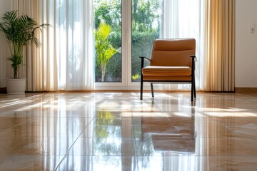 Fototapete - Interior sunlight scene features polished tile floor a leather armchair and sheer curtains overlooking exterior foliage