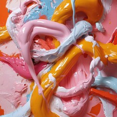 Fototapete - Abstract artwork of flowing paint in vibrant colors pink orange blue and yellow creating a textured surface with dynamic shapes and highlights