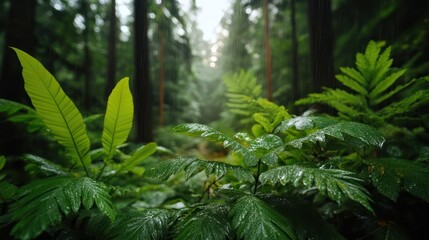 Poster - Lush green forest scene with a foreground of vibrant foliage wet with raindrops. Soft sunlight filters through the dense trees creating a serene and tranquil atmosphere