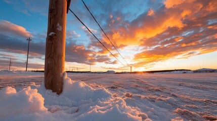 Aufkleber - Snow covered landscape with sunset sky featuring vibrant orange clouds and wooden pole in foreground with wire lines. Cold atmosphere