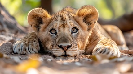 Aufkleber - Close up portrait of a young lion cub resting with gentle eyes focused on the camera in a natural outdoor environment