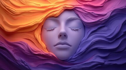 Aufkleber - Artistic portrait of serene face with closed eyes emerging from wave of colorful textured layers. The vibrant blend of orange pink purple and blue hues adds depth and fantasy