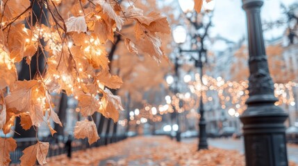 Poster - Autumnal scene featuring golden leaves illuminated by sunlight framing a blurred street with string lights and classic lampposts a pedestrian in soft focus