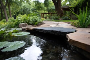 Aufkleber - Water garden with lily pads and stepping stones pathway through a lush green garden, leading to a wooden structure, natural daylight