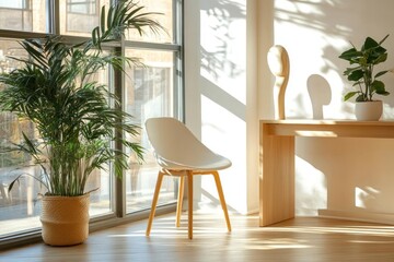Aufkleber - Bright indoor scene with plants wooden table white chair and window light creating shadows