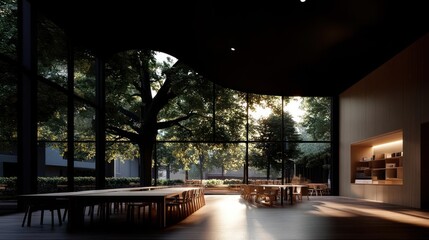Poster - Interior view of modern room with large windows overlooking the trees and sunlight, with tables and chairs, wooden wall panels and a dark ceiling