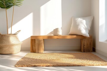 Poster - Interior design featuring a wooden bench rug and basket with soft light and neutral colors creating a minimalist space