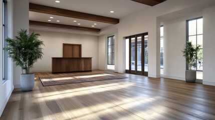 Fototapete - Spacious modern interior with large windows wooden beams and a patterned rug potted plants and wooden door. Light and airy with a minimalist aesthetic