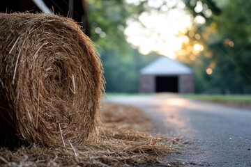 Leinwandbilder - Close up of a rolled hay bale with sunlight filtering through, a small building in the background, set on an asphalt road