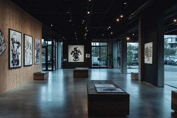Fototapete - Modern art gallery interior with abstract artworks on display wooden benches concrete floor and glass windows letting in daylight