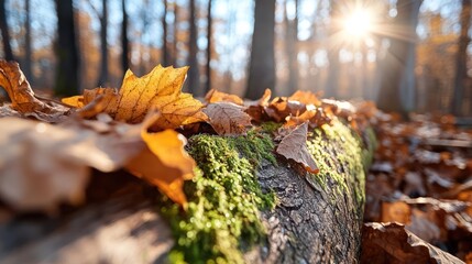 Poster - Close-up shot of autumn leaves on a mossy log with soft sunlight filtering through the trees in the forest, warm color palette creates a serene nature scene