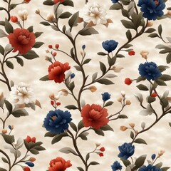Poster - Floral pattern featuring red blue and white blossoms with detailed leaves against a textured beige background suitable for textiles or wallpaper design