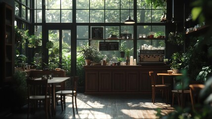Poster - Interior cafe with large windows featuring lush green plants wooden furniture and soft lighting creates a serene and inviting atmosphere