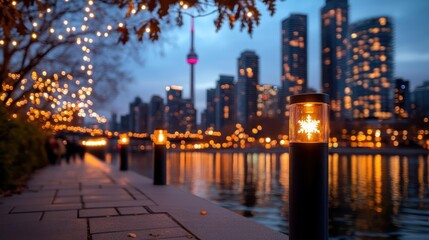 Aufkleber - Evening cityscape view with a waterfront path with decorative lights trees and tall buildings reflecting in the water