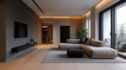 Poster - Modern living room interior with wooden accents a large sectional sofa a television a patterned rug and a balcony with city view