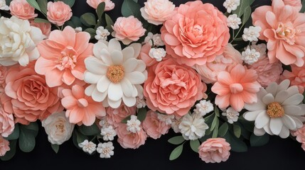 Poster - Paper Flower Arrangement in Peach and White on Black Background with Green Leaves Close Up Shot