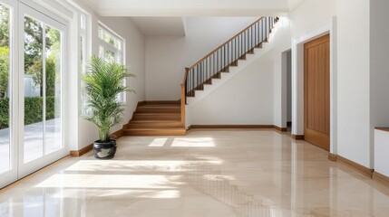 Poster - Interior view of luxury house with sunlight illuminating polished floor a staircase and lush green potted plant creating a serene atmosphere. Wooden doors and windows
