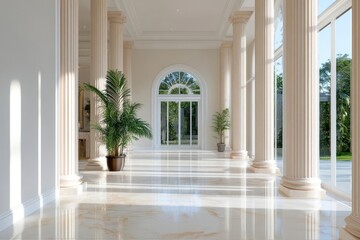 Poster - Interior view of a classic architecture with columns marble floor and arched doorway leading to a sunny garden