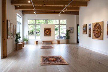 Aufkleber - Modern art gallery interior with diverse artwork displays wooden benches large windows and hardwood floor with neutral color scheme