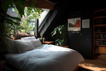 Aufkleber - Bright bedroom interior with a bed natural light and lush plants creates a cozy and inviting atmosphere. The scene includes white bedding wooden shelves and artwork on the wall