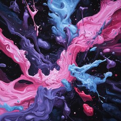 Aufkleber - Abstract splattered paint art piece in pink blue and purple colors against a black backdrop with pixelated texture