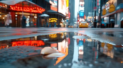 Aufkleber - Rainy urban street scene with reflections in puddles featuring vibrant neon lights and a blurred background